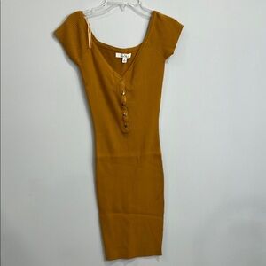 Gold Bodycon Midi Dress with Scoop Neck and Cap Sleeves